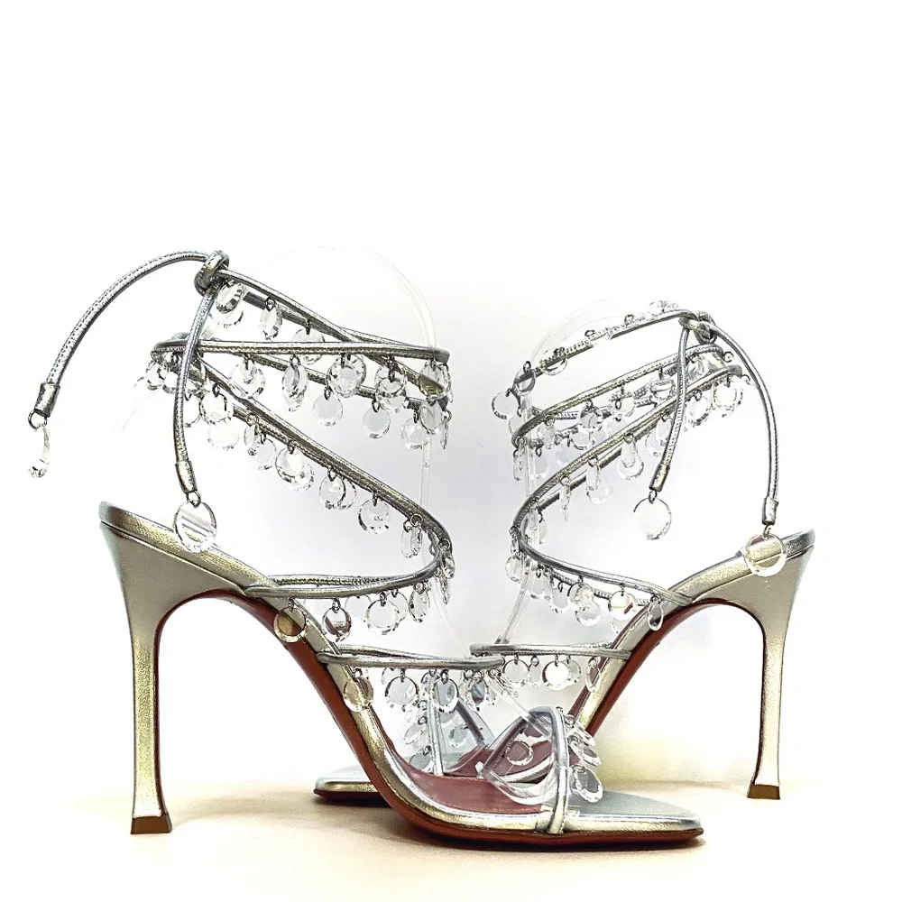 Amina Muaddi Tina Leather Ankle-Wrap Sandals With All Over Crystals-Appliques
